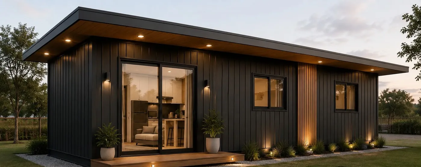 Exemplo de casa modular metálica preta com painel ripado amadeirado e porta de vidro de correr